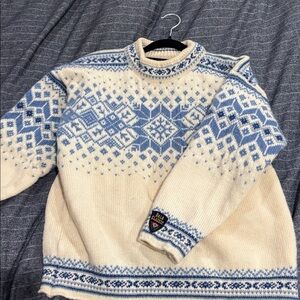 Dale of Norway Cream & Blue Wool Ski Sweater Small Norwegian Nordic Knit